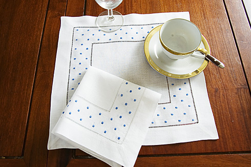 Square Linen Placemat. French Blue Polka Dots. 14" square. Each